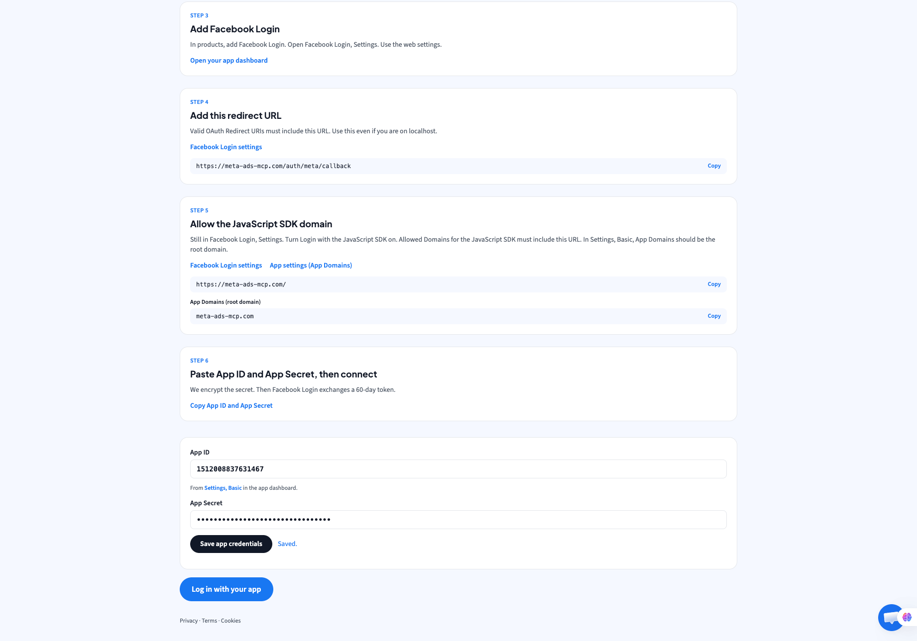 Meta Ads MCP Facebook app page with App ID saved and Log in with Facebook at the bottom