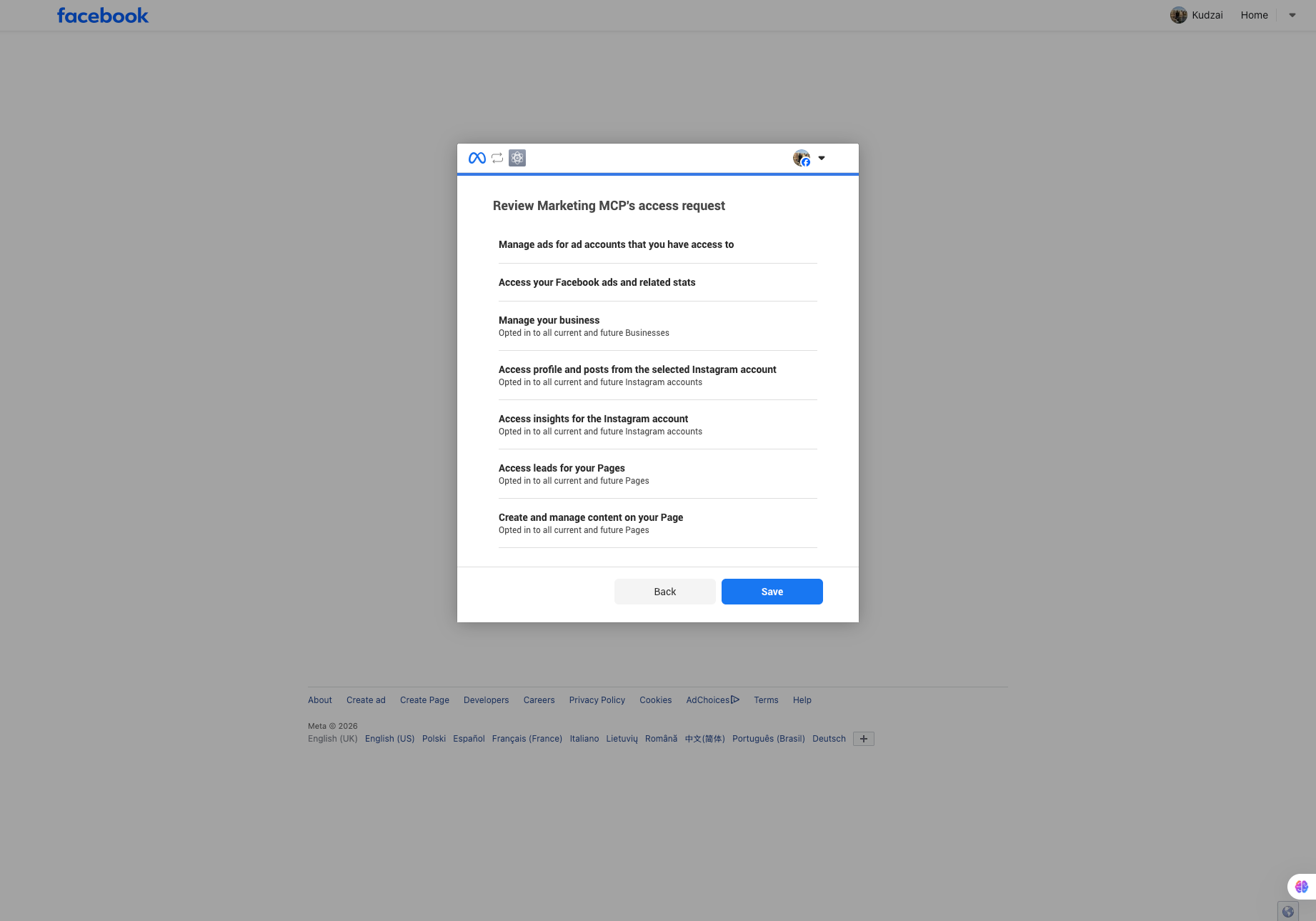 Facebook review screen listing ads, business, Instagram, and Page permissions, with Save