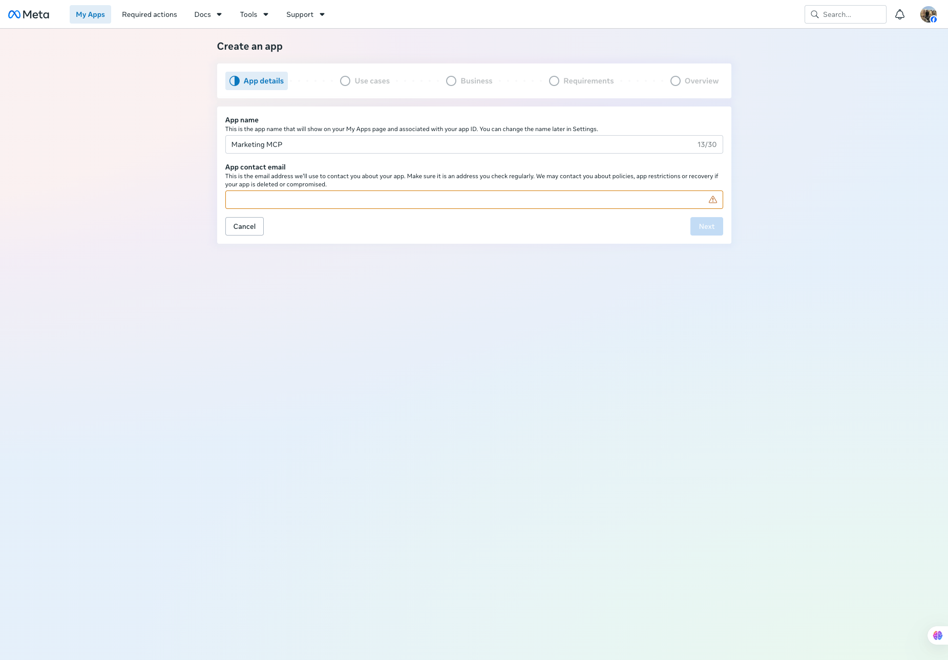 Create an app form with Marketing MCP as the name. Next is disabled until a contact email is added
