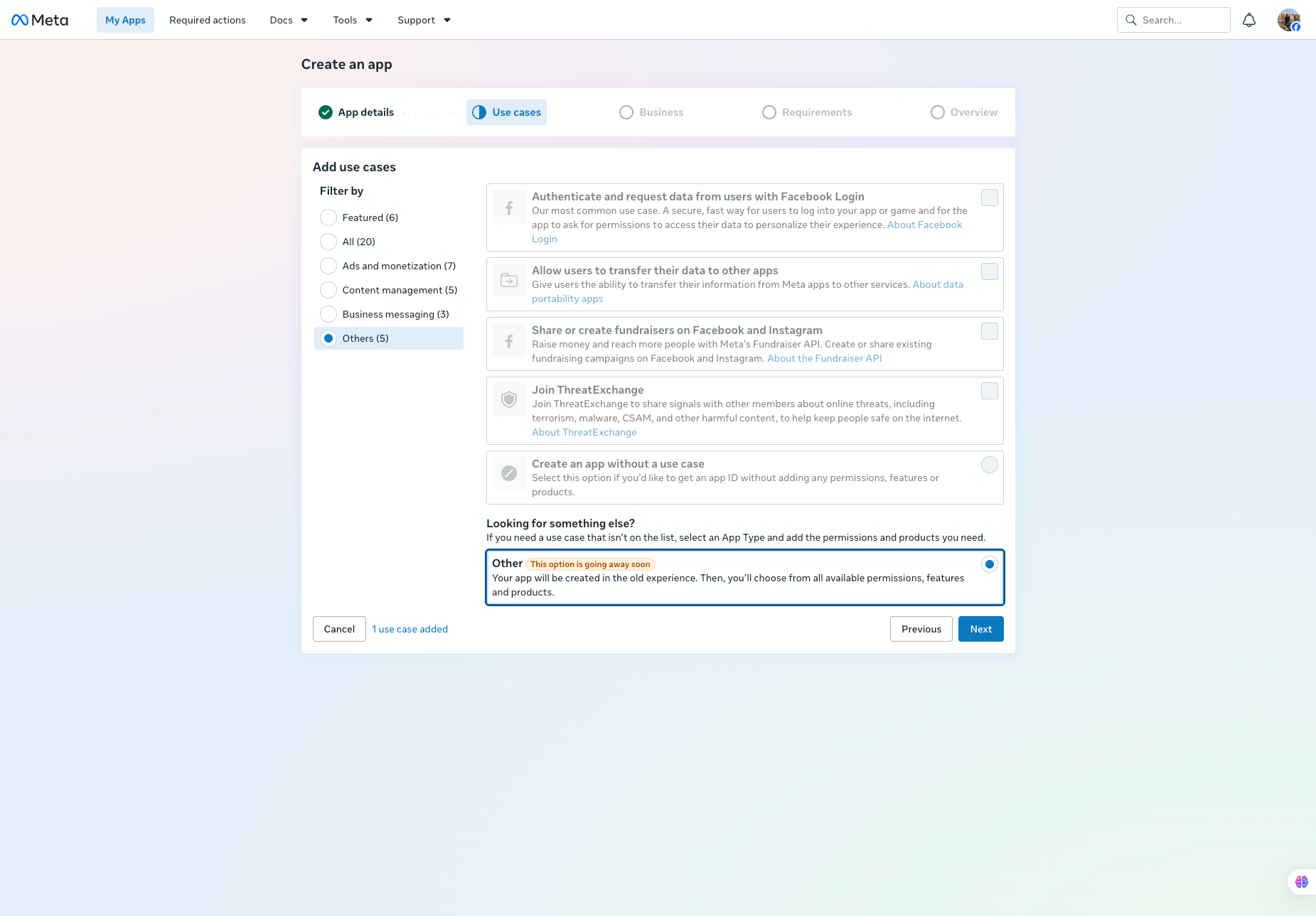 Use cases step with Others filtered and the legacy Other option selected