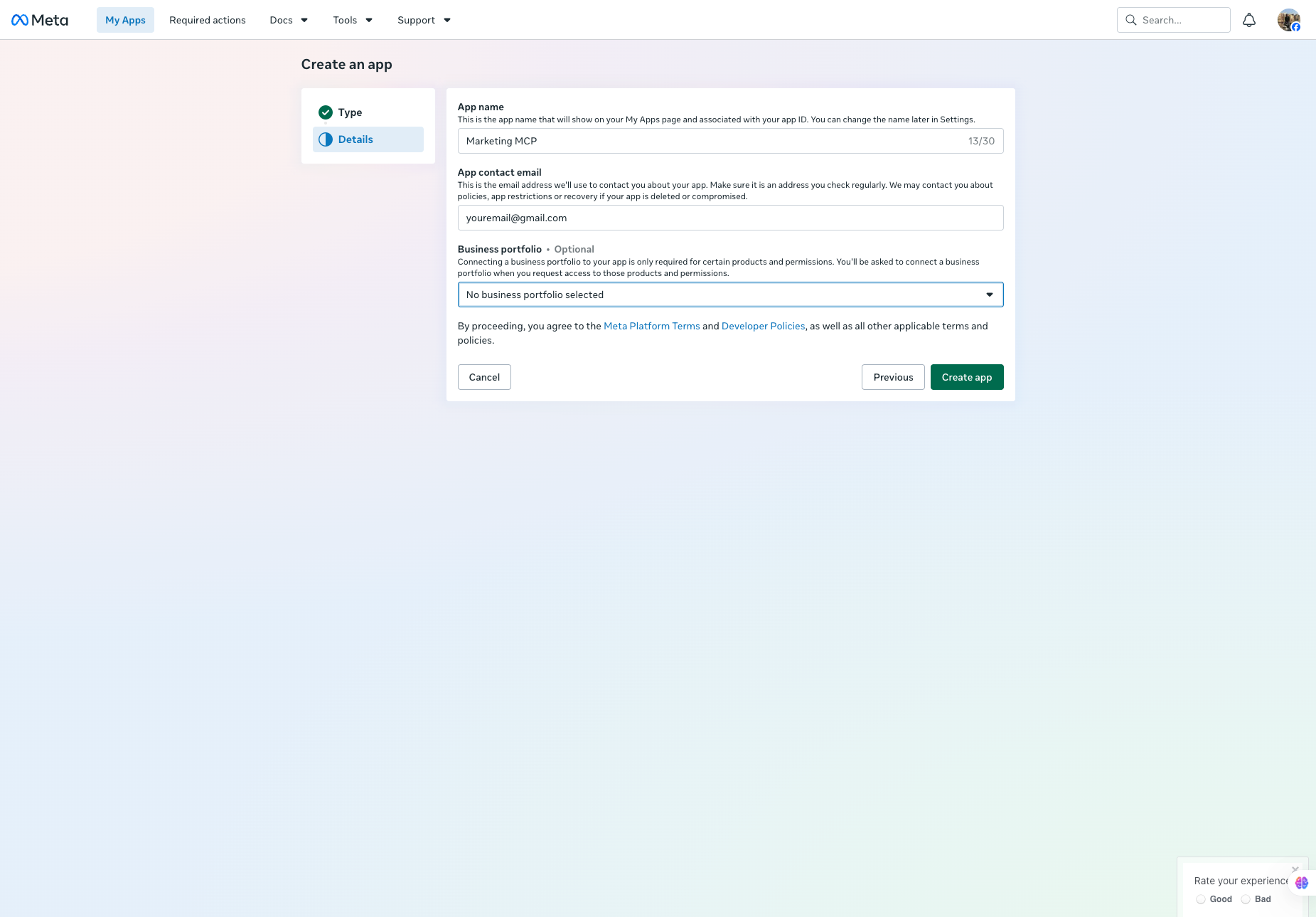 Old experience app details form with Marketing MCP, a contact email, no business portfolio, and Create app