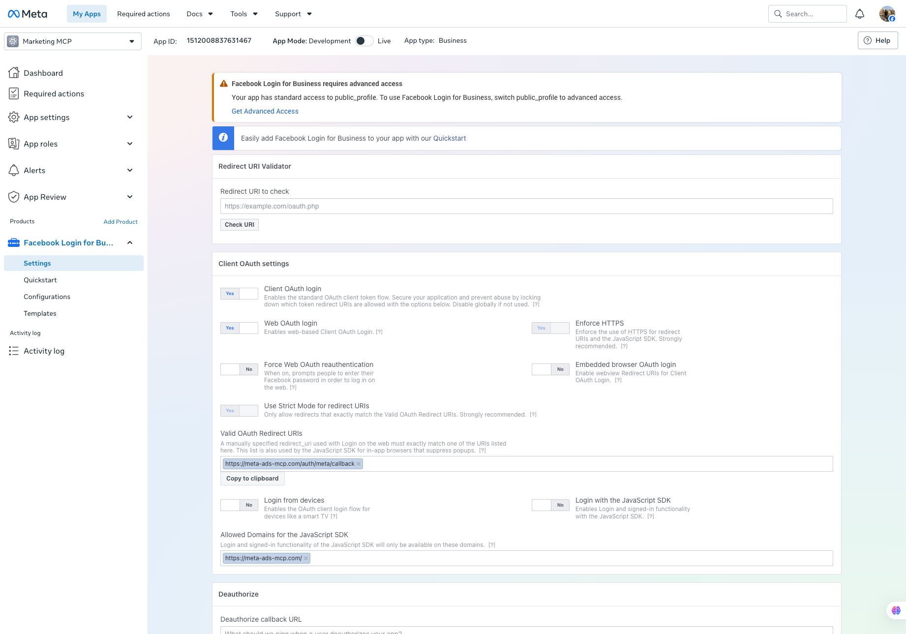 Facebook Login for Business settings with the Meta Ads MCP OAuth redirect URL filled in