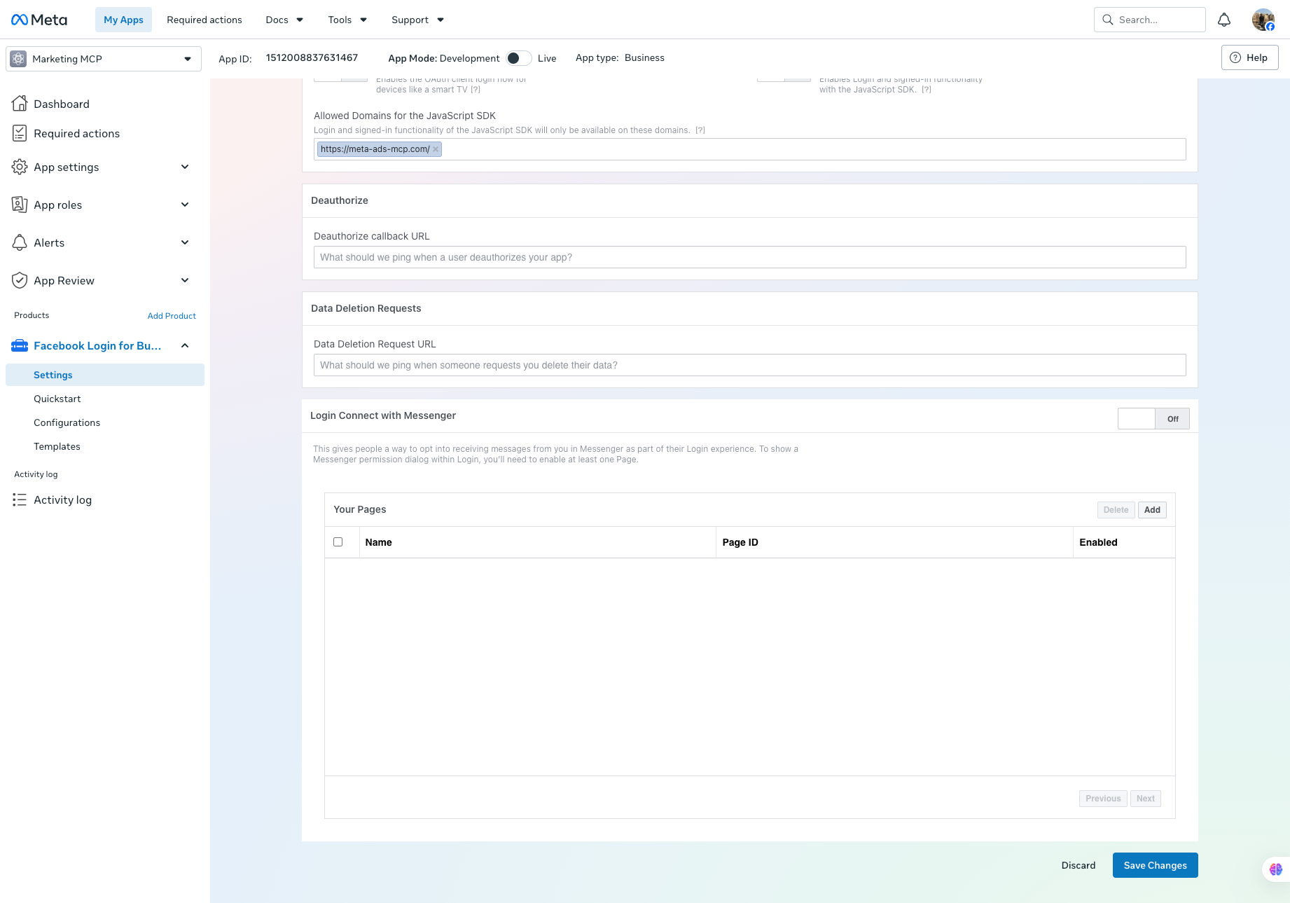 Login settings showing the JavaScript SDK domain saved and the Save Changes button