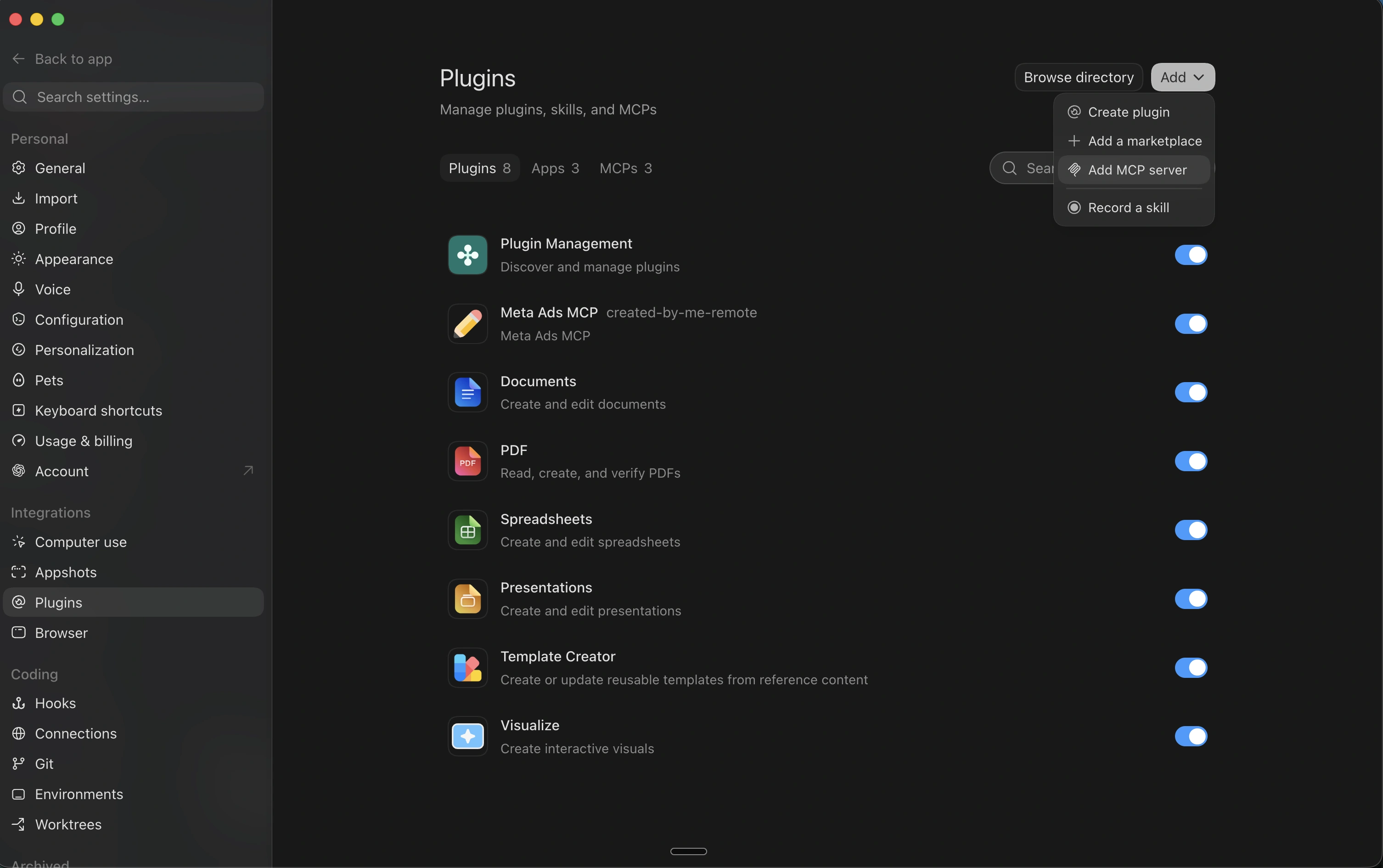 ChatGPT desktop Settings, Plugins, with the Add menu open on Add MCP server