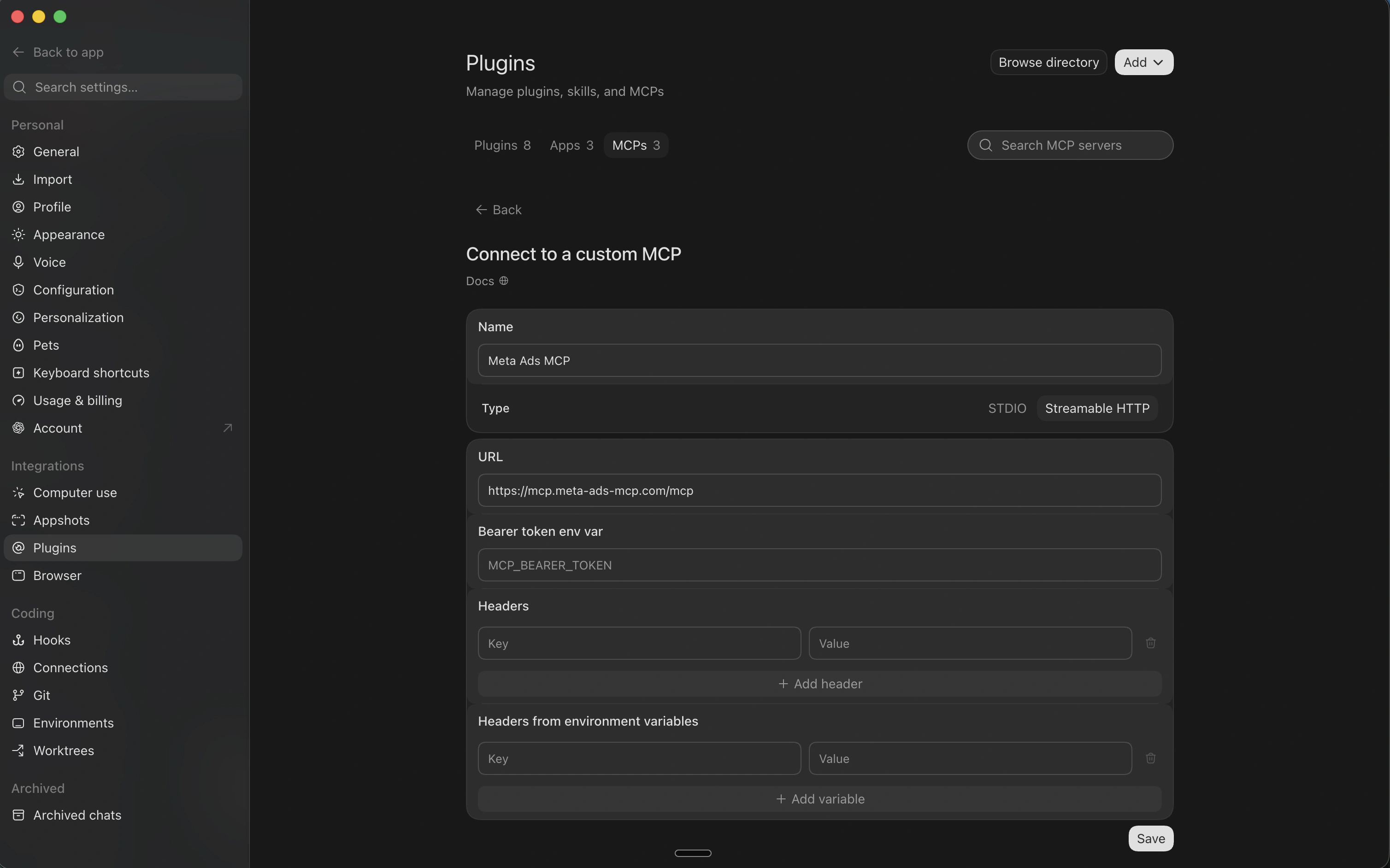 Connect to a custom MCP form with Streamable HTTP selected and the Meta Ads MCP URL filled in
