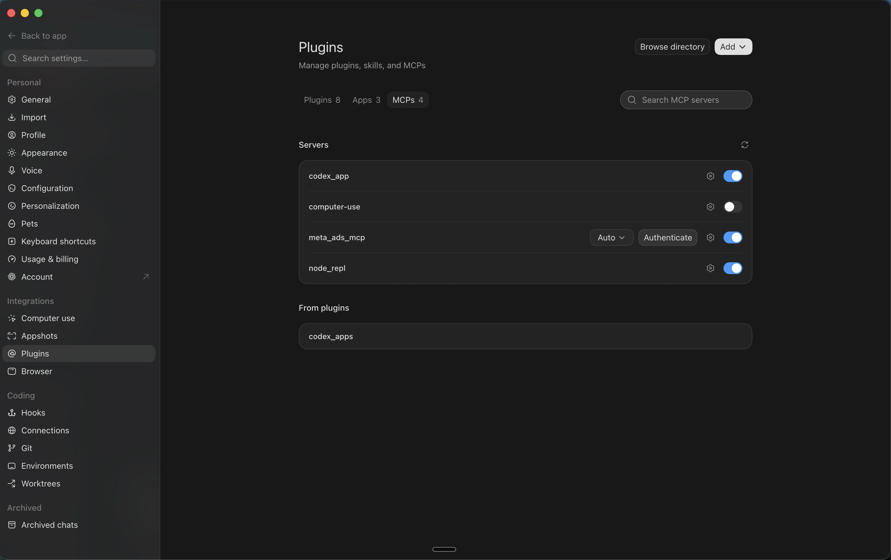 MCPs list showing meta_ads_mcp enabled with an Authenticate button