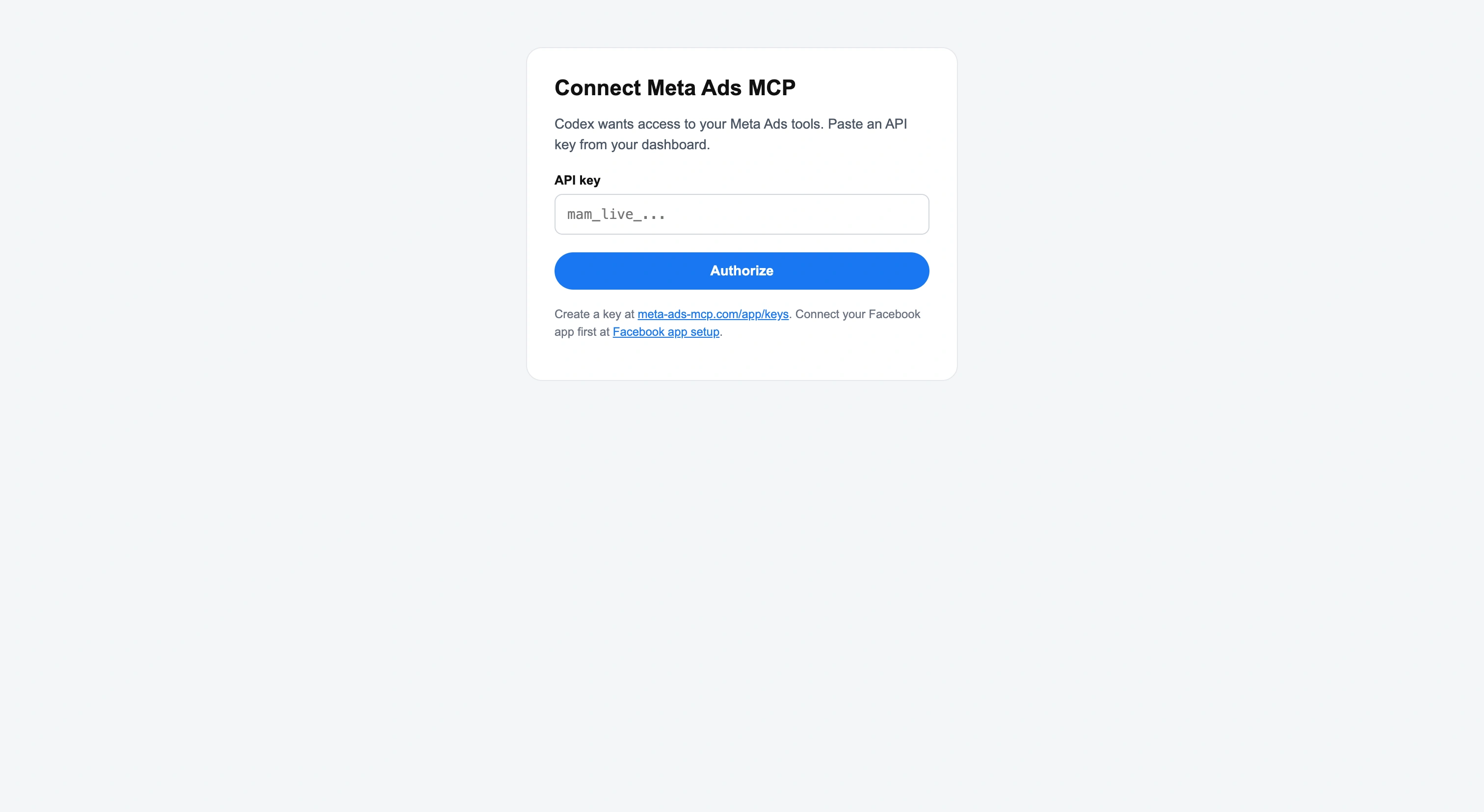 Connect Meta Ads MCP login page asking for a mam_live_ API key
