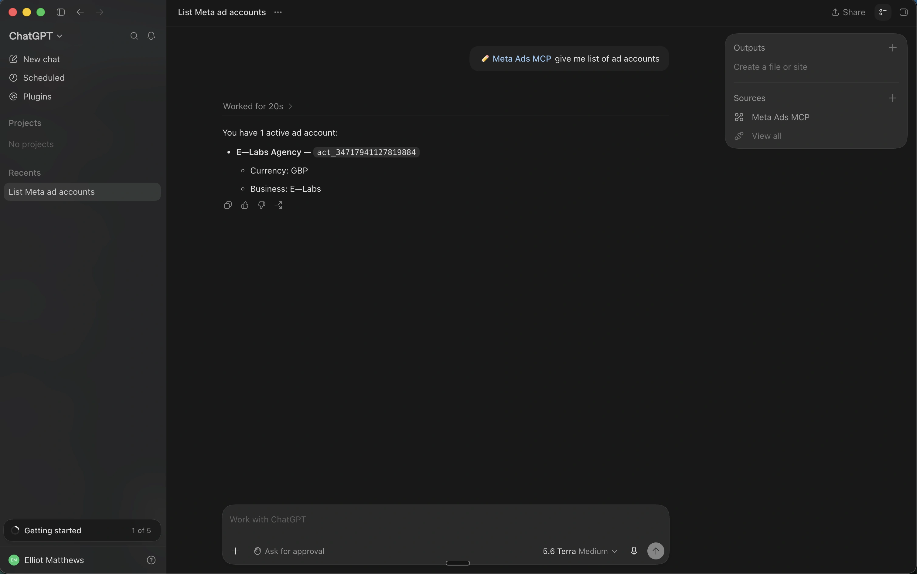 ChatGPT desktop chat with Meta Ads MCP as a source, returning a list of ad accounts