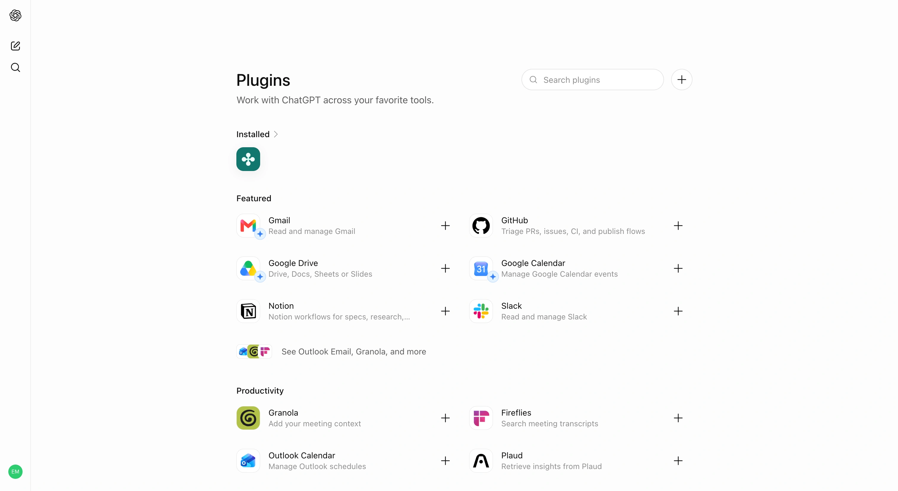 ChatGPT Plugins page with the plus button next to Search plugins