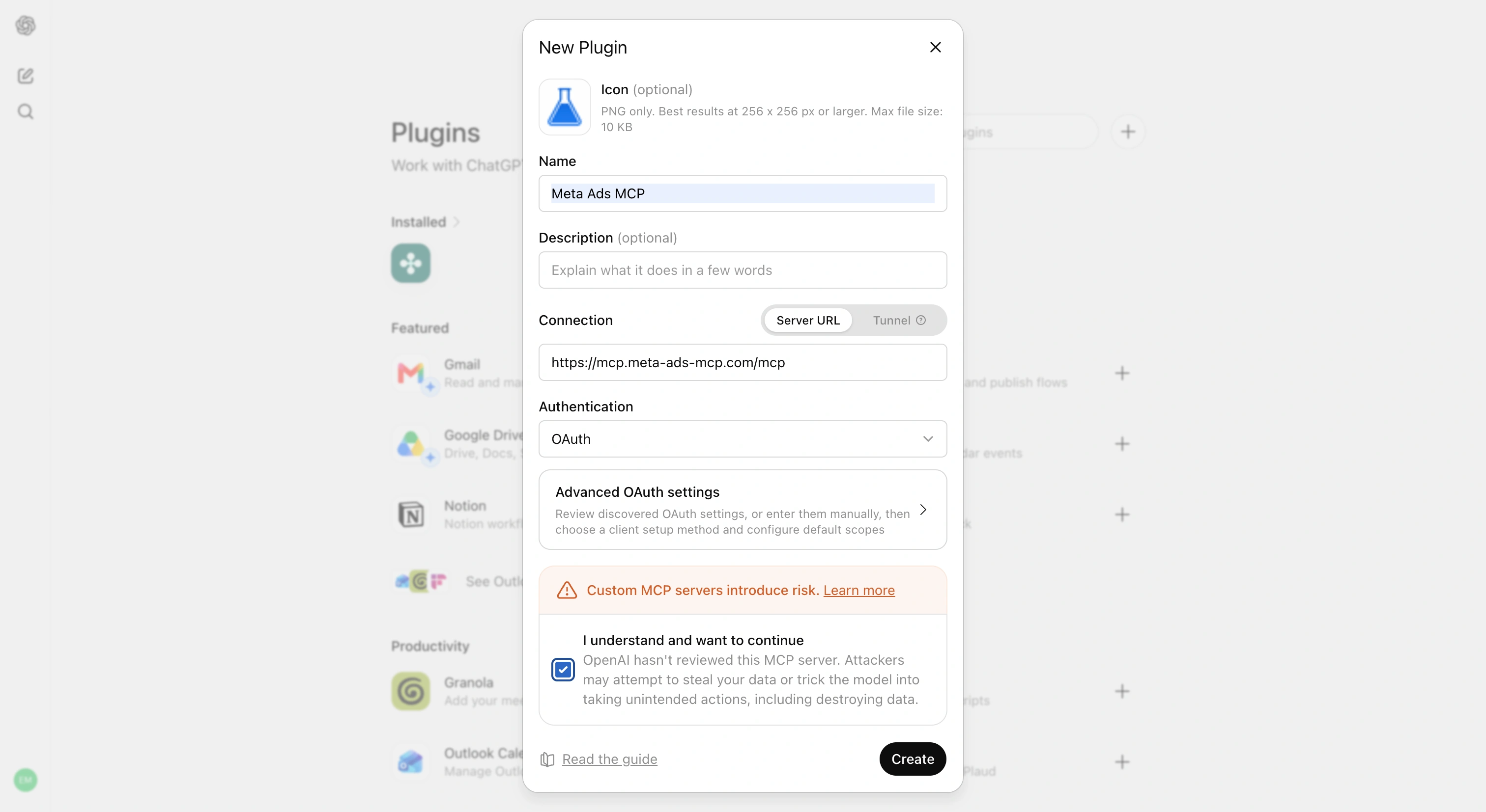 New Plugin modal with Meta Ads MCP, Server URL, and OAuth selected
