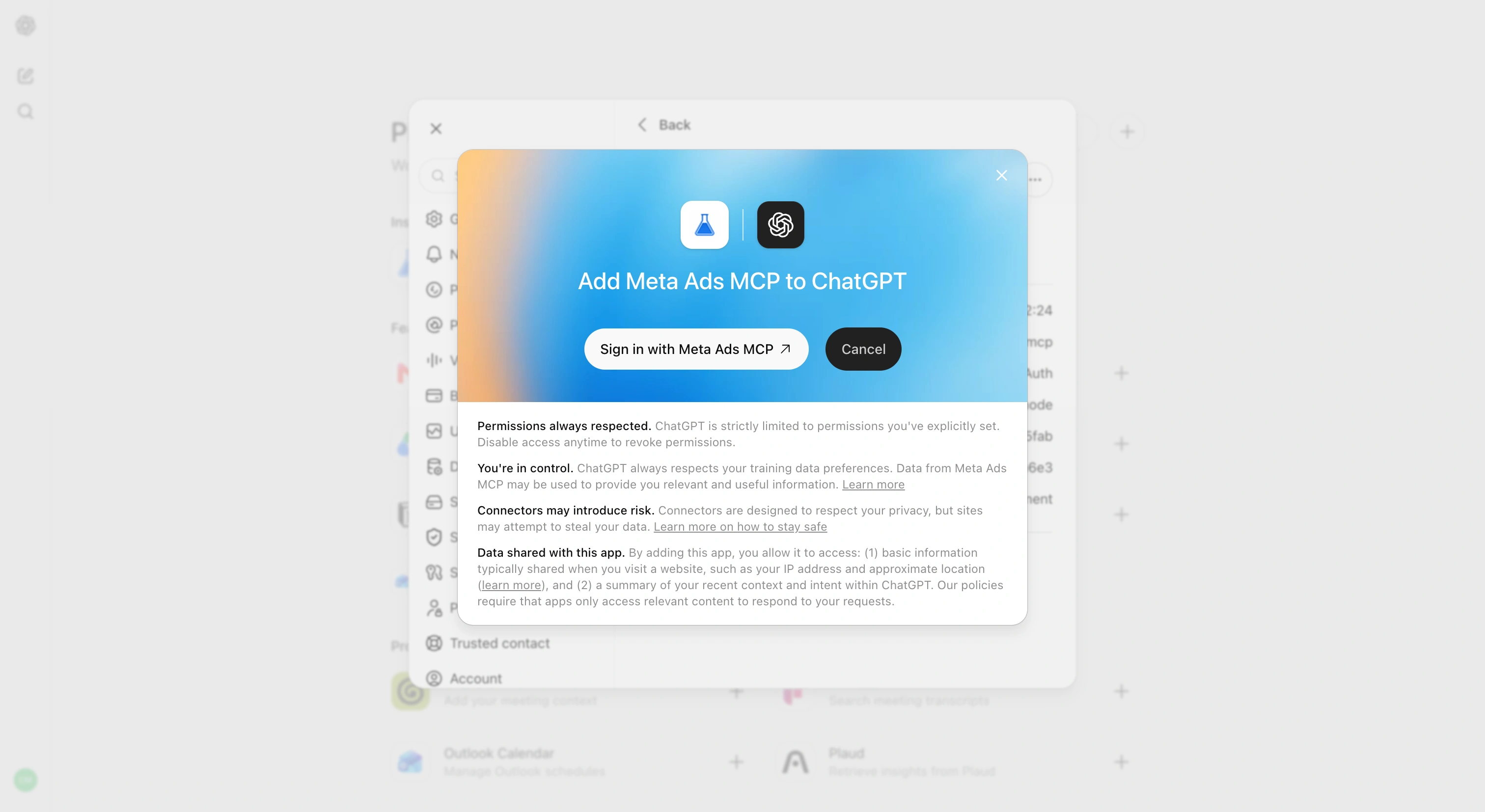 ChatGPT connect modal with Sign in with Meta Ads MCP