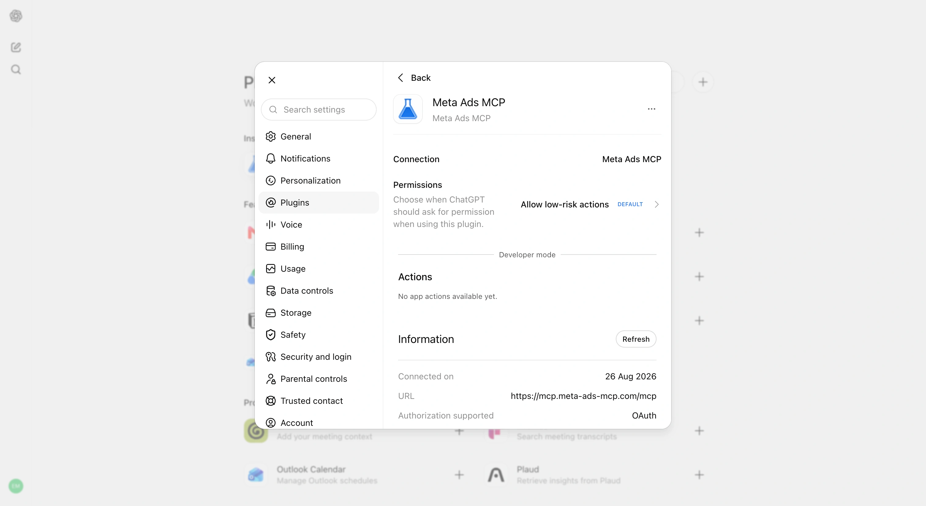 ChatGPT Settings Plugins detail for Meta Ads MCP showing OAuth and the MCP URL