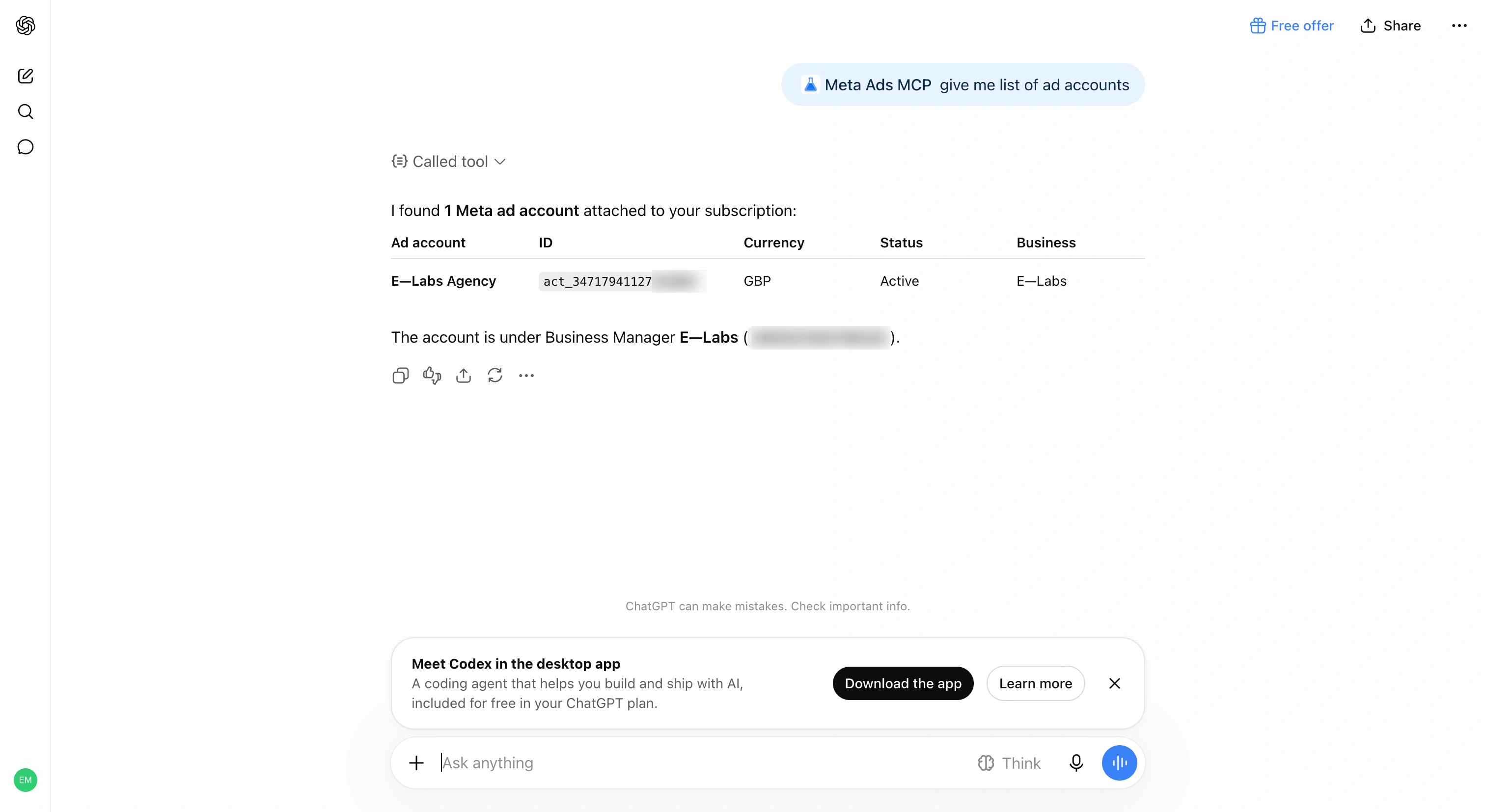 ChatGPT web chat listing a Meta ad account after calling Meta Ads MCP