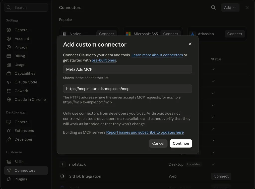 Add custom connector form with Meta Ads MCP as the name and the MCP URL filled in