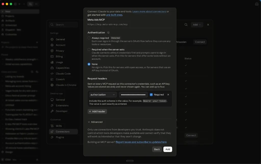 Connector auth step with None selected and an authorization header set to a Bearer key