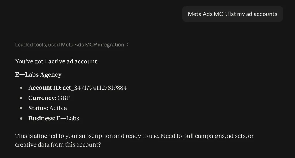 Claude chat listing a Meta ad account after using the Meta Ads MCP connector